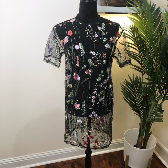 Boohoo Floral Embroidered Lace Black Mock Dress/ Swimsuit Cover Tall 6 - Picture 3 of 10